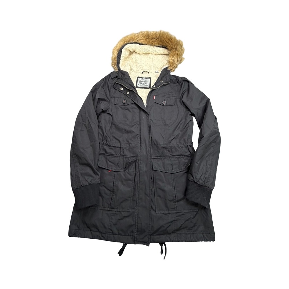 Levi Parka Womens M Black Sherpa Lined Faux Fur Hood Utility Jacket Coat FB074